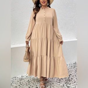 Plus Half Button Ruffle Hem Smock Dress